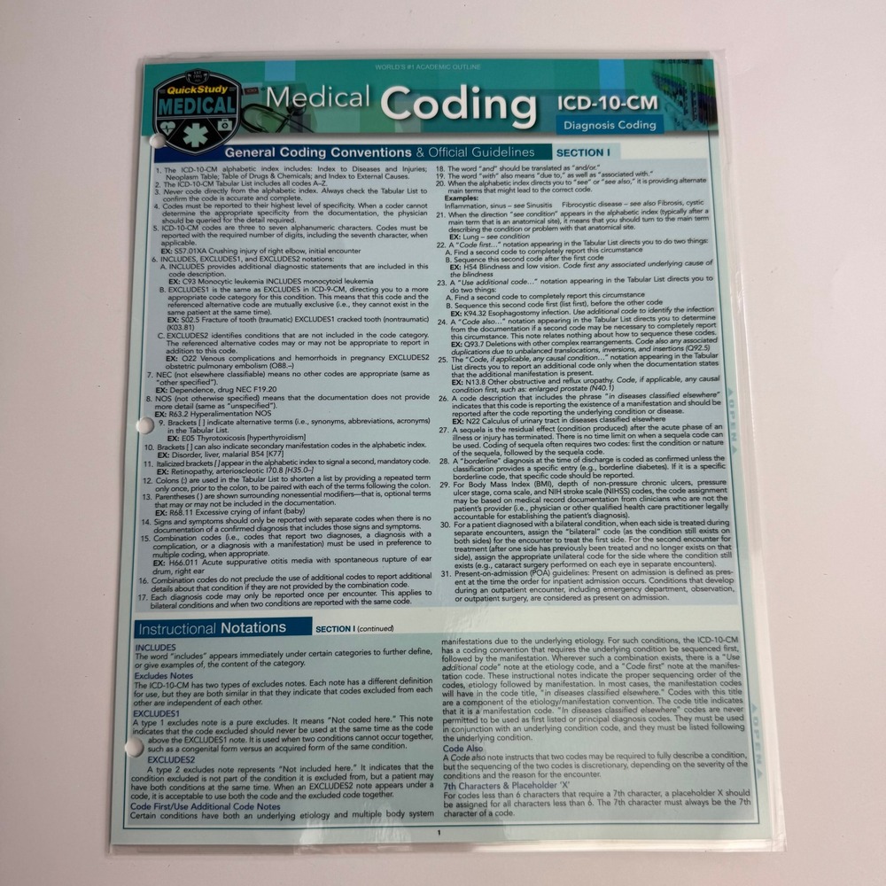 QuickStudy Medical Coding ICD-10-CM Reference Guide Laminated Study Aid